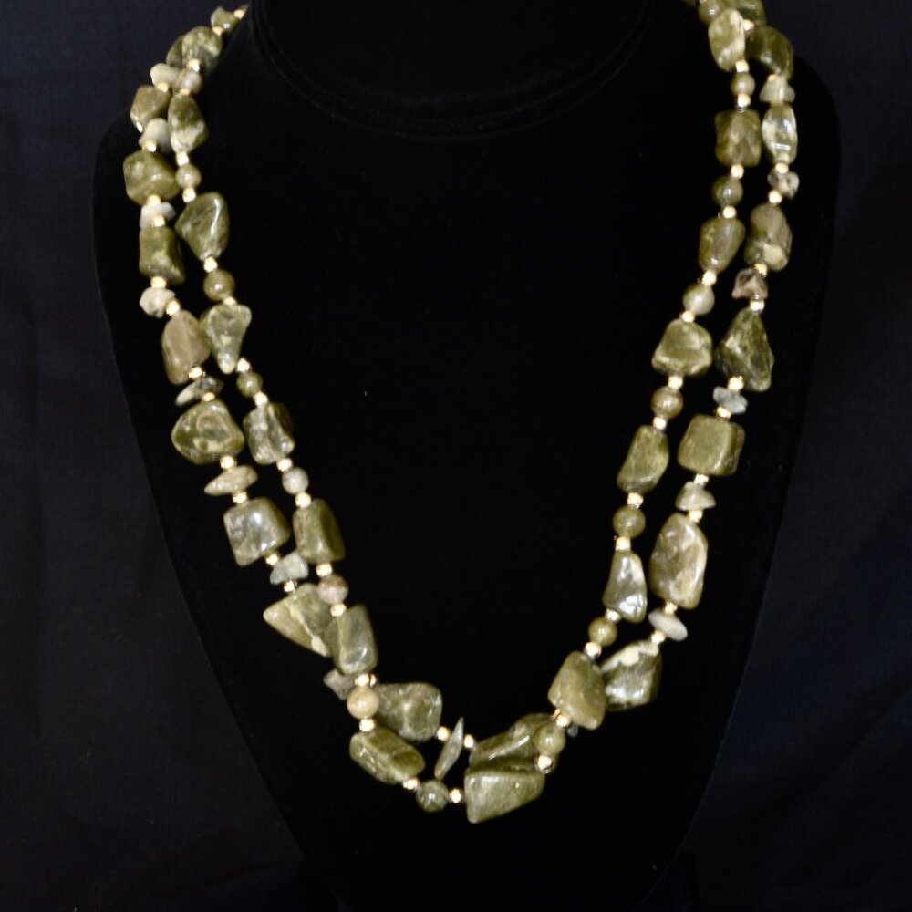 Vintage Two Strand Green Gemstone Necklace With Spacer Beads